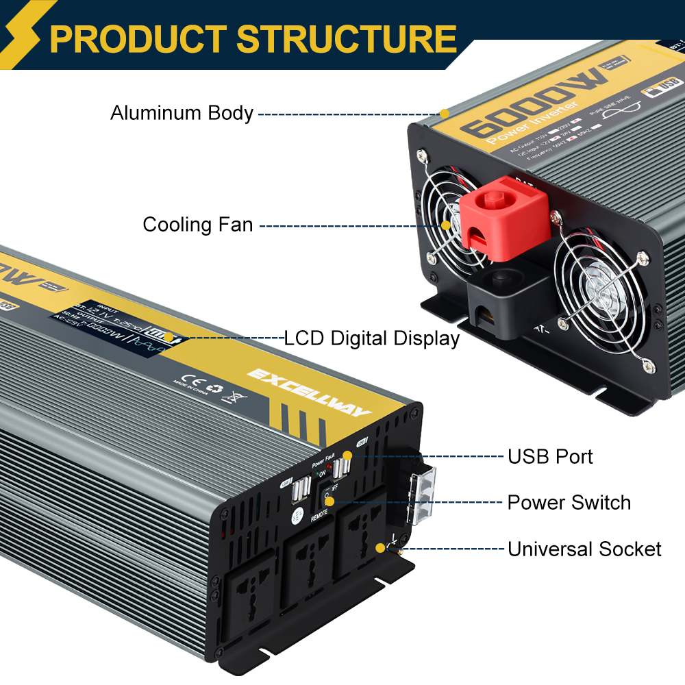 Pure Sine Wave Power Power Power Power Power Power Peak 1000-6000W DC12V/24 В до AC 220V Универсальный двойной розетку с USB-зарядным устройством