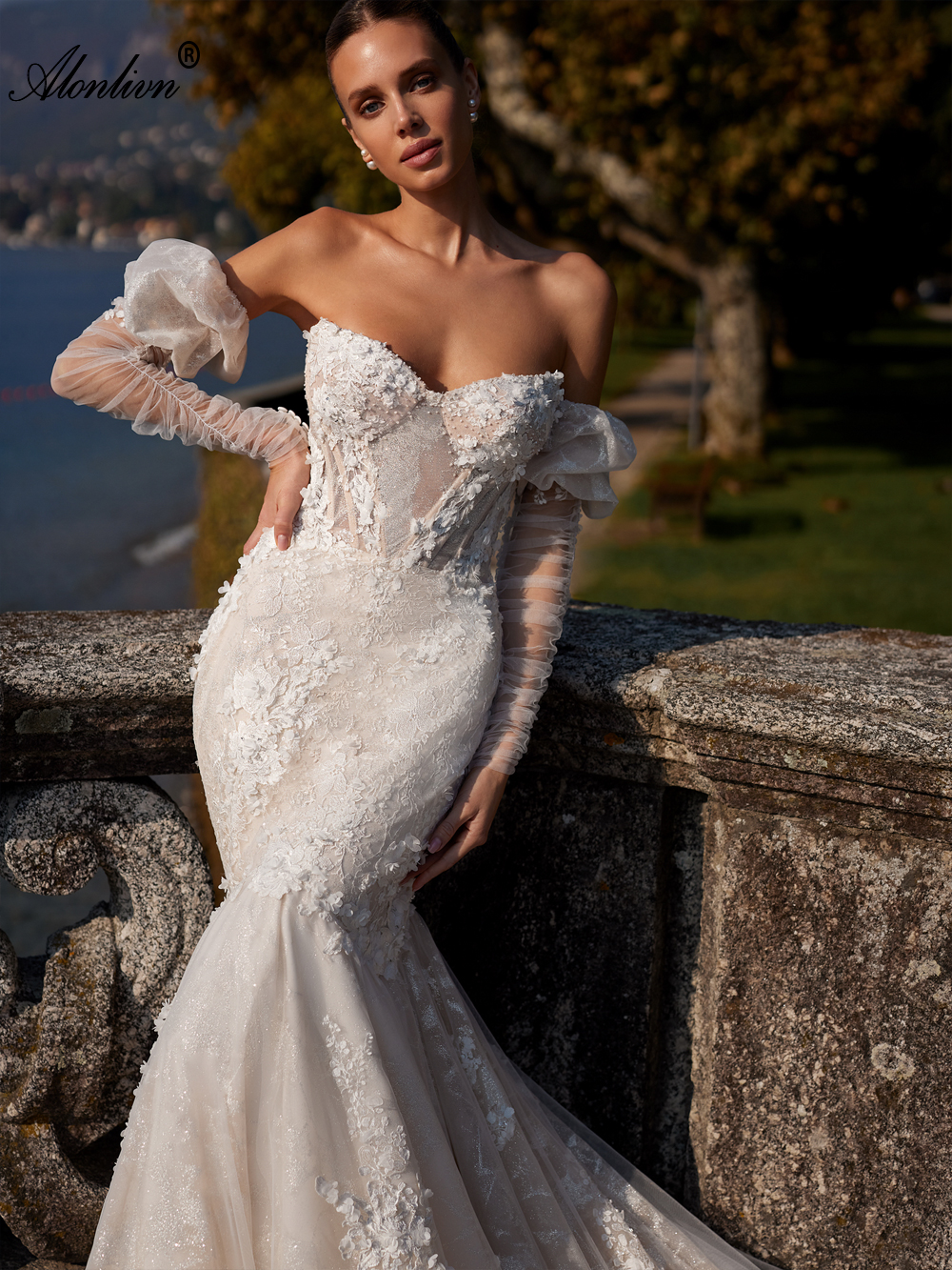 Beauty Beading 3D Appliques koronkowe ukochane sukienki ślubne syreny z odłączonymi pełnymi rękawami trąbki ślubne suknie ślubne 2024
