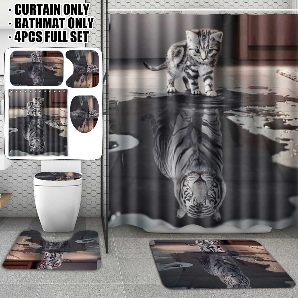 Cat and Tiger Bath Shower Curtain Polyester Waterproof Bathroom Curtain Carpet Rugs Set Non-slip Kitchen/Bath Mat Home Decor