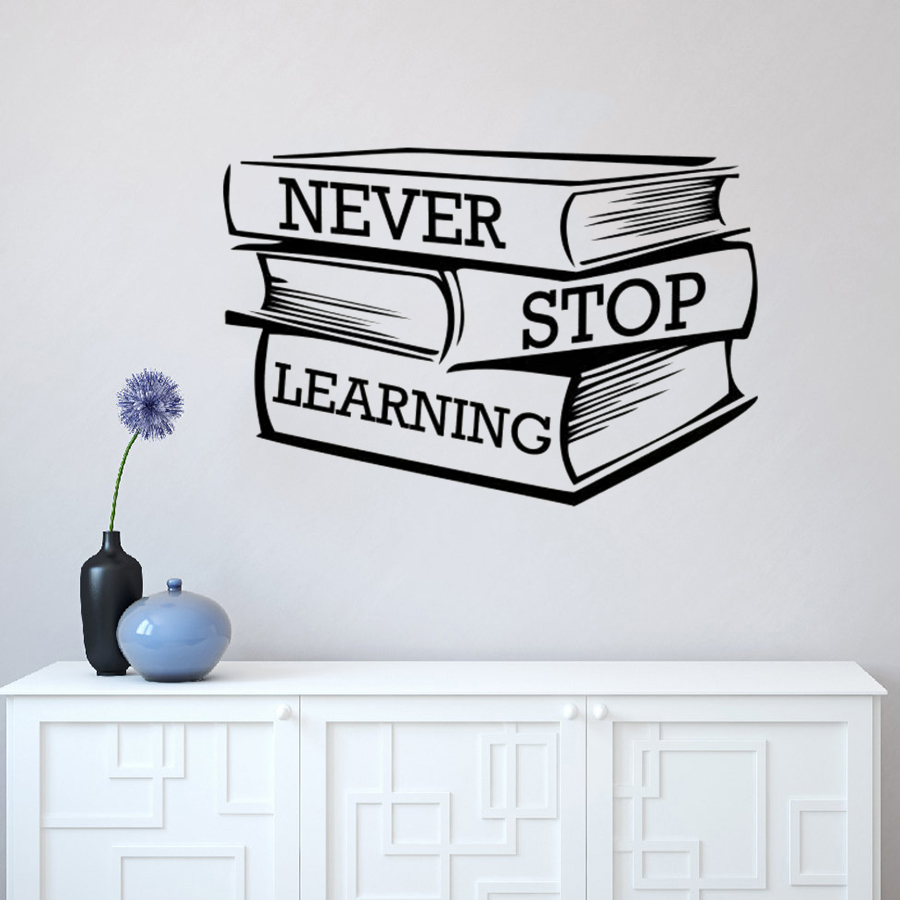 Lettering Study Books Wall Sticker Never Stop Learning Motivational Quote Wall Decal Library Classroom Decor Vinyl Mural AY1689