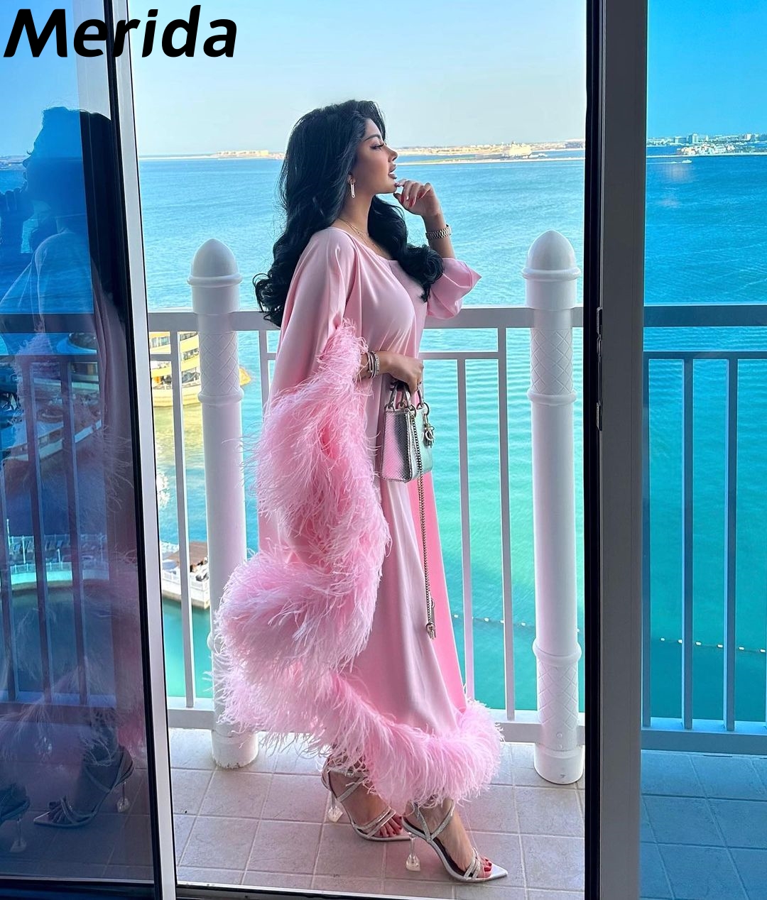 Gorgeous Heavy Feathers Prom Dresses 2023 Pink Loose Ankle-length Middle East Evening Dresses Formal Party Gown Sale Promotion