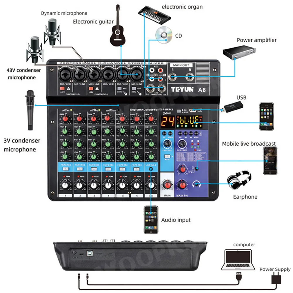 Mikser Ses Mikser 8 Khannel Ses Karıştırma Konsolu A8 Destek Bluetooth USB Karaoke Partisi Kayıt Web Casting için Güç