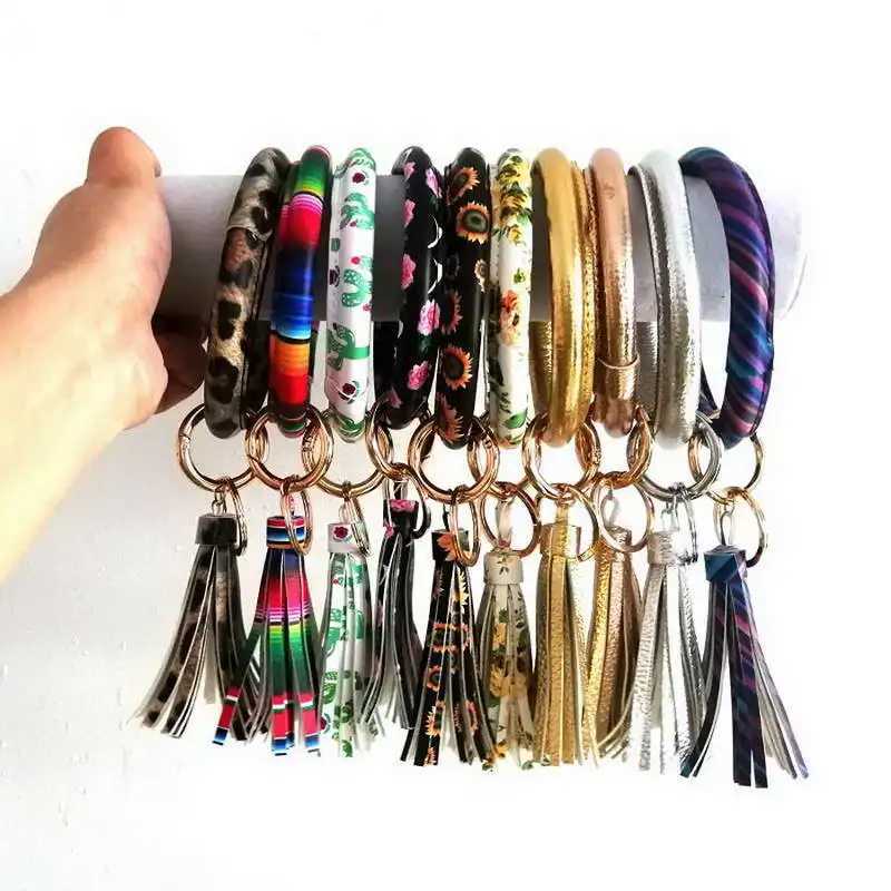 Key Rings ZWPON PU Leather O Circle Tassel Wristlet Keychain Southern Fashion Women Key Chain Ring Wristlet Fob Holder Keychain Wholesale 240412