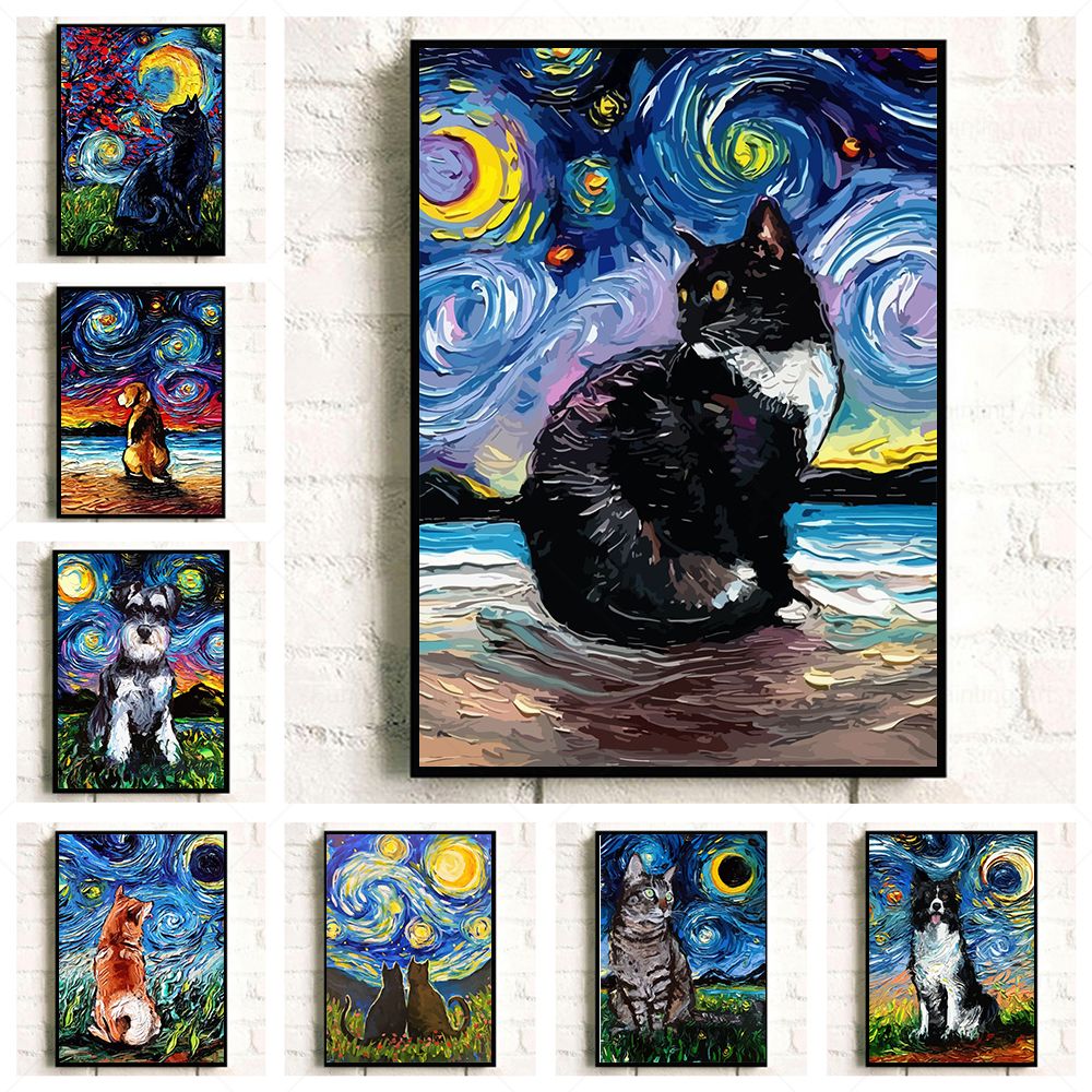 Oljemålning Basset Hound Collie Dog Cat Starry Night Van Gogh Wall Art Canvas Poster roliga djurtryck Homeliving Room Decor