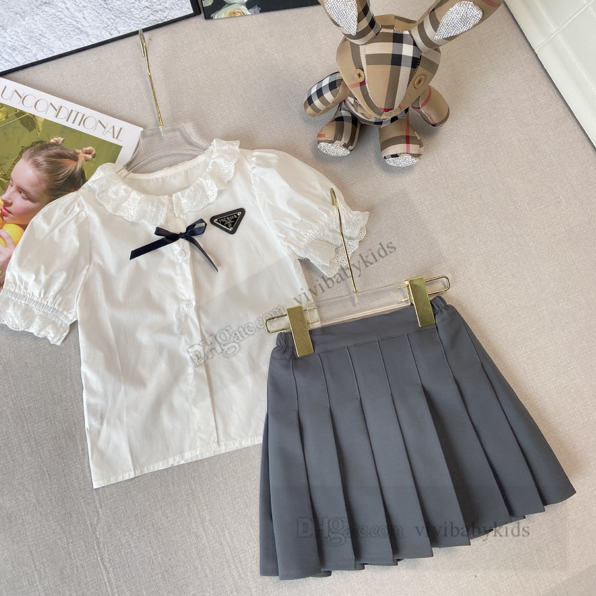 Set di abiti da design bambini set di ragazze triangolo falbala con camicia a maniche manica a soffio in piombo in stile preppy bambini outfit principessa z7681