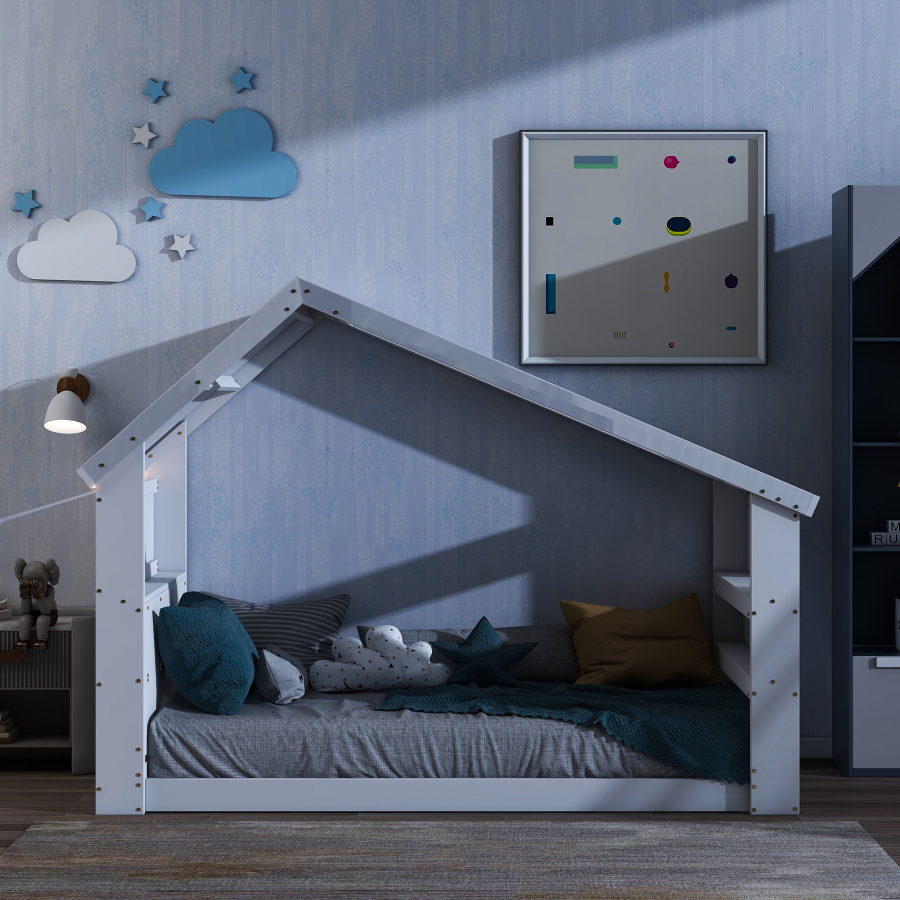 Bodenbett mit stilistischem Design Twin House -Bodenbett mit Dachfenster, LED -Licht, einfache Montage, geeignet für Kinder, Jugendschlafzimmer