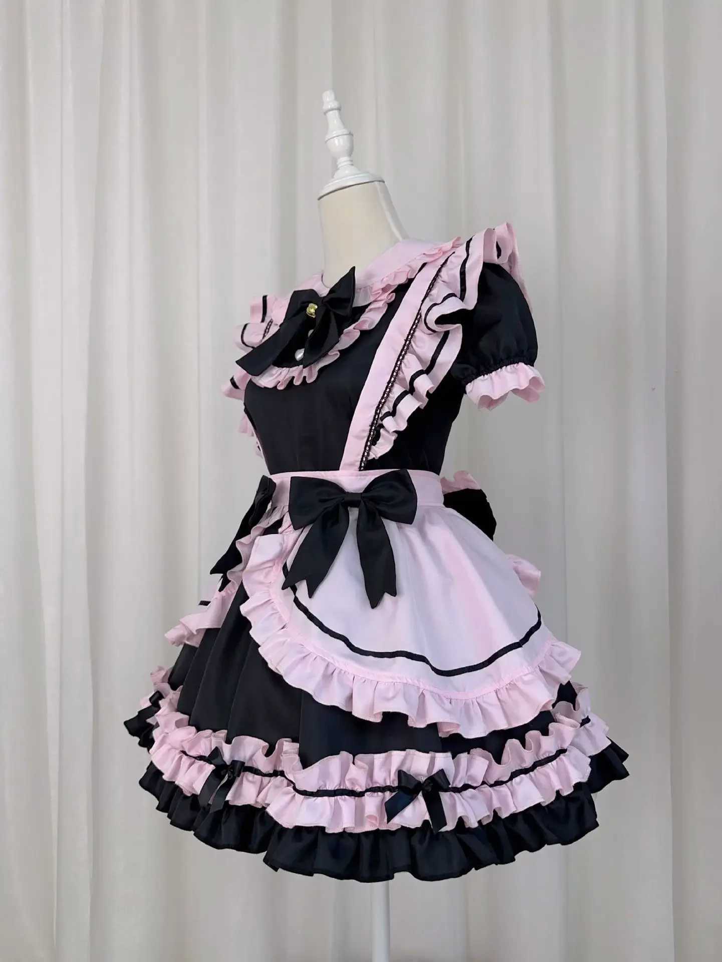Anime kostymer anime gotiska lolita jsk klänning kort ärm kawaii bow maid party klänningar cosplay katter tjej harajuku söt rosa ruffles svart 240411