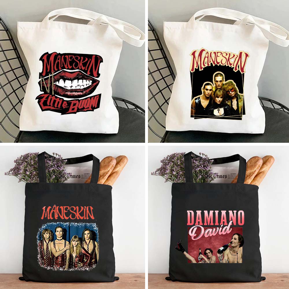 Sac d'épicerie réutilisable groupe de rock Damiano David Manskin Bouchée Italie Musique Victoria Damian Mammamia Shopper Canvas Tote Sac Hands