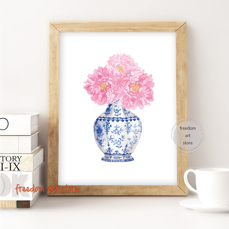 Aquarelle Vase en porcelaine chinoise blanc bleu blanc avec pivoines roses Roses Affiches art toile peinture imprimés muraux images à la maison décor