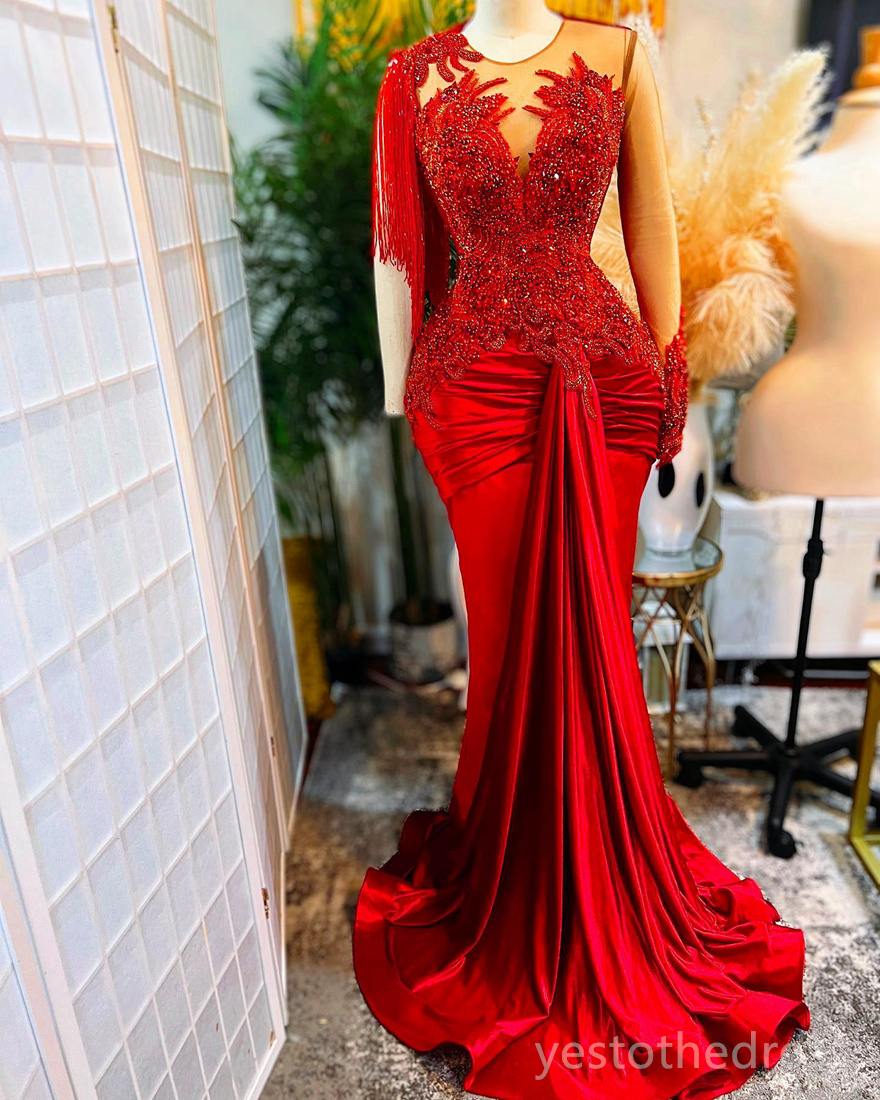 2024 Plus Size Red Prom Dresses for Black Women Promdress One Shoulder Long Sleeves Illusion Mermaid Tassel Appliqued Beaded Lace Birthday Party Gowns Dresses AM704