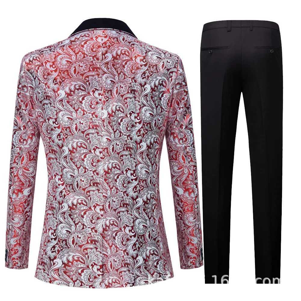 Men's Suits Blazers 2023 New Mens Casual Boutique Flower Suit Jacket Vest Pants Set / Mens Jacquard Big Black Collar Blazers Coat Trousers
