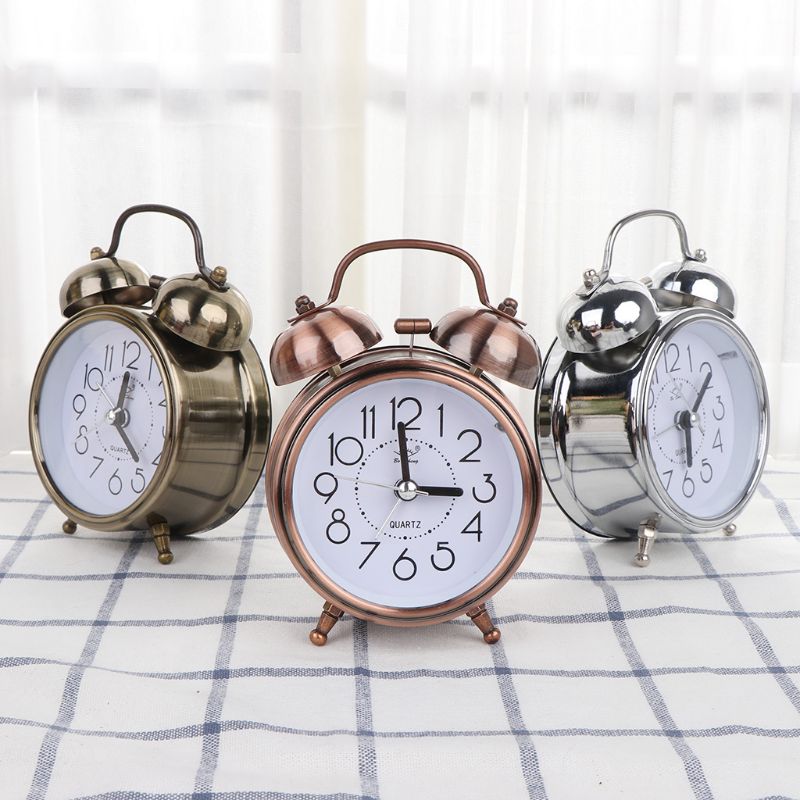 Retro Desktop Mechanical Alarm Clock Night Light Dual Bedside Silent Metal