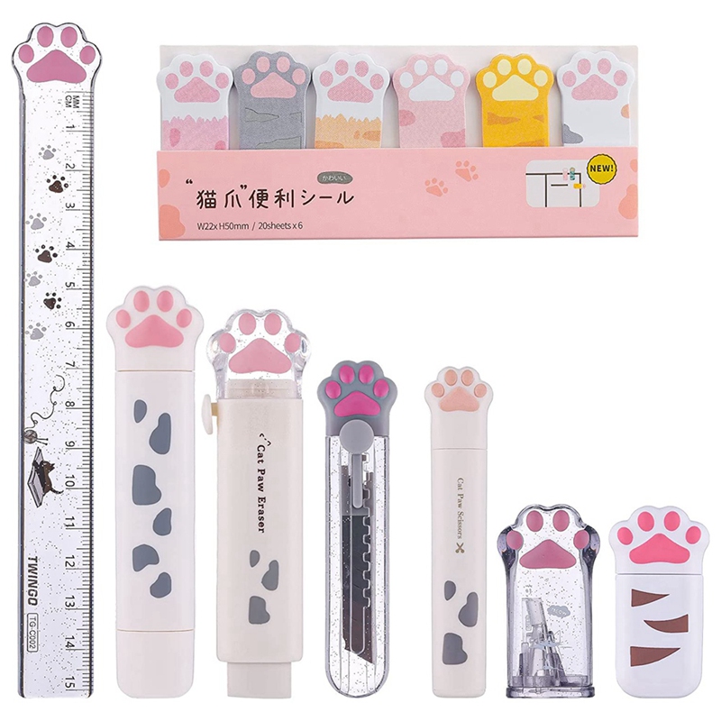 Cat Cat Paw Stationery Set Kawaii School Supplies, y compris le pointeur de crayons Eraser réutilisable blanc