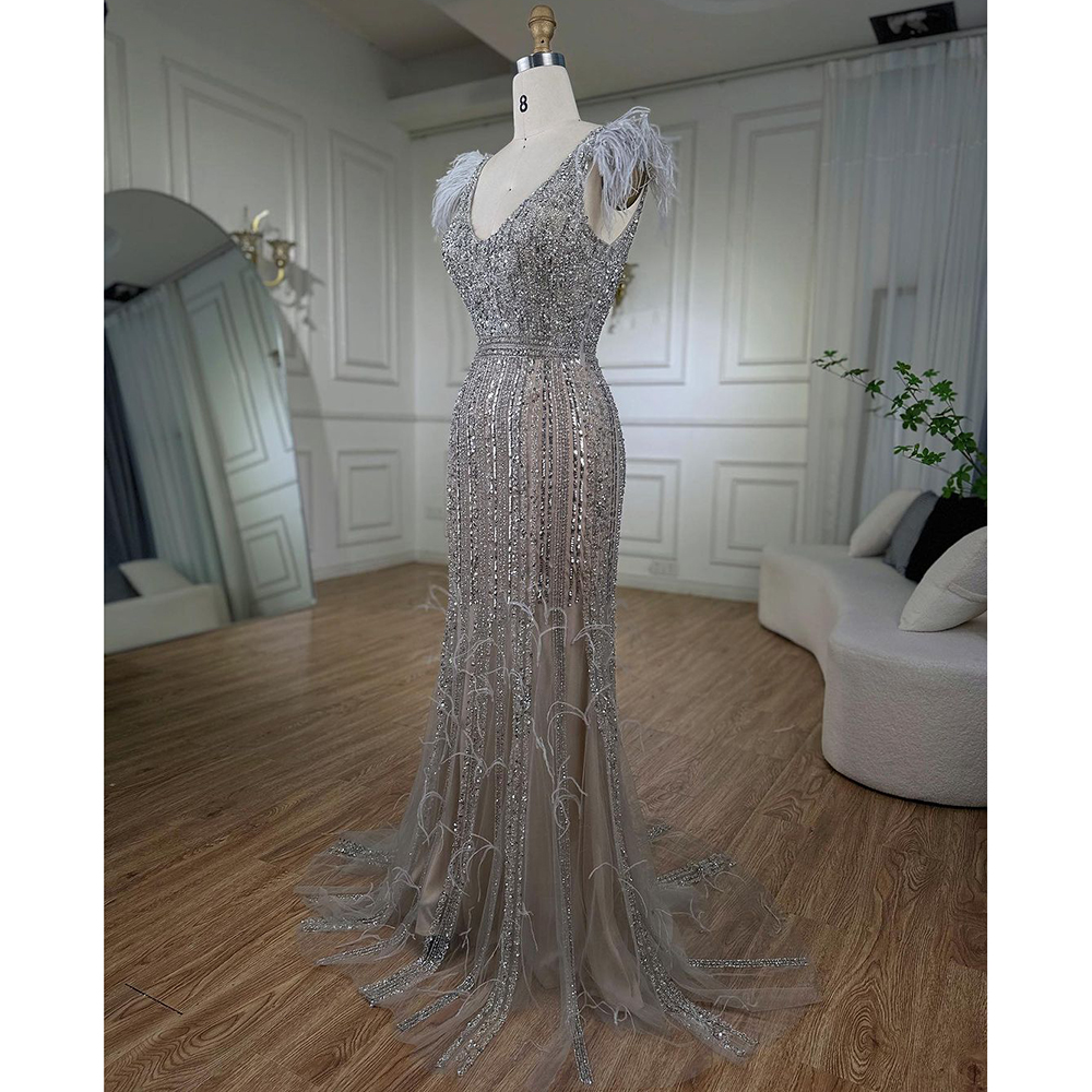 Serene Hill Arabic Sereia Cinza vestidos de noite de noite 2024 Feather Badaded Elegant for Women Wedding Party LA72184