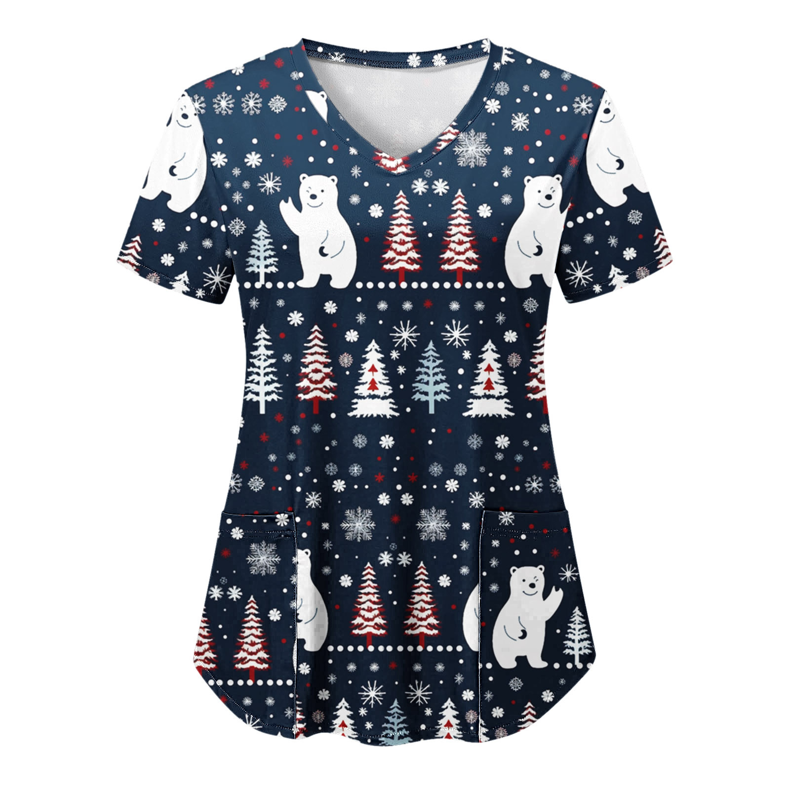 Kerstverpleegkundige uniformen vrouwen grappige v nek kerstboom print korte mouw werk shirts medische verpleegkundige blouse uniform werkkleding