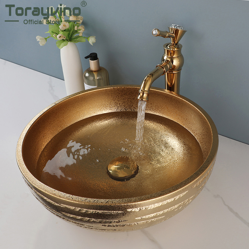 Torayvino Gold Round Badkamer Keramische toilet Set Badmixer Wasbasine Vaartuig Wastafels 360 Swivel-kranen met Pop-Up Drain Combo Kit