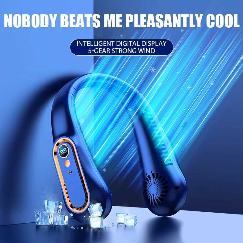 Elektriska fläktar Portable Mini Hanging Neck Fan Bladeless Neckband Fan Digital Display Power Air Cooler USB Raddbara elektriska fläktar