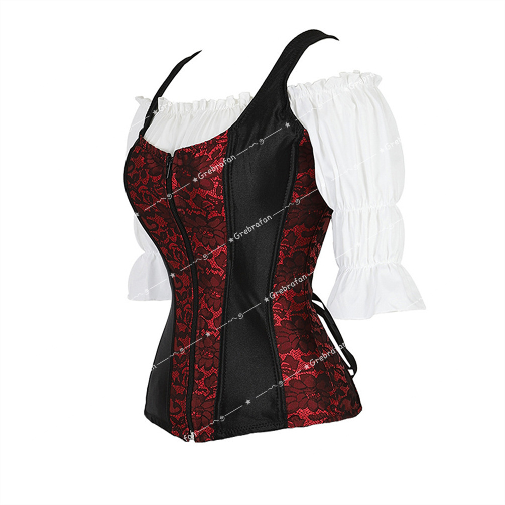 Bustier Corset with Pirate Blouse Vintage Striped Corsets Bustiers with Straps Steampunk Zip Corsage Outfits Halloween Costumes