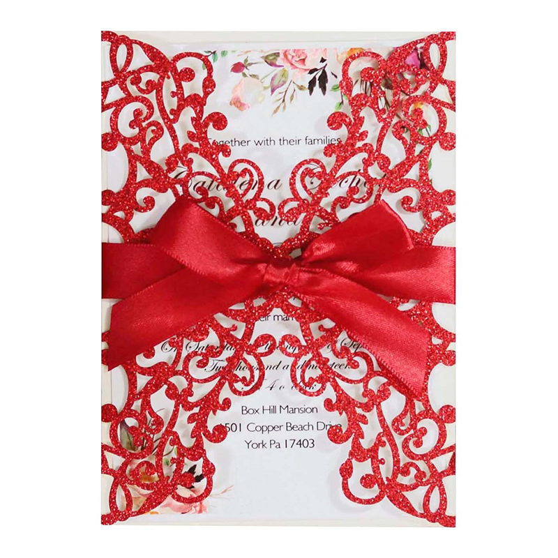Kinesiskt rött bröllopsinbjudningskort Glitter Laser Cut Lace gratulationskort Firande Party Ribbon Inbjudningskort med kuvert