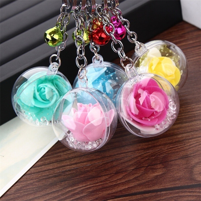 Rose Flower Keychain Keychains Bell Chain Chain Keyring Charme de seda Cristal Ball Keychain