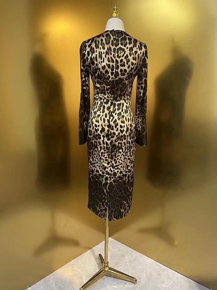 100% Silk Leopard Printing Dress Autumn Women O-Neck Long Sleeve Waist Sliming High Street Midi Vestidos