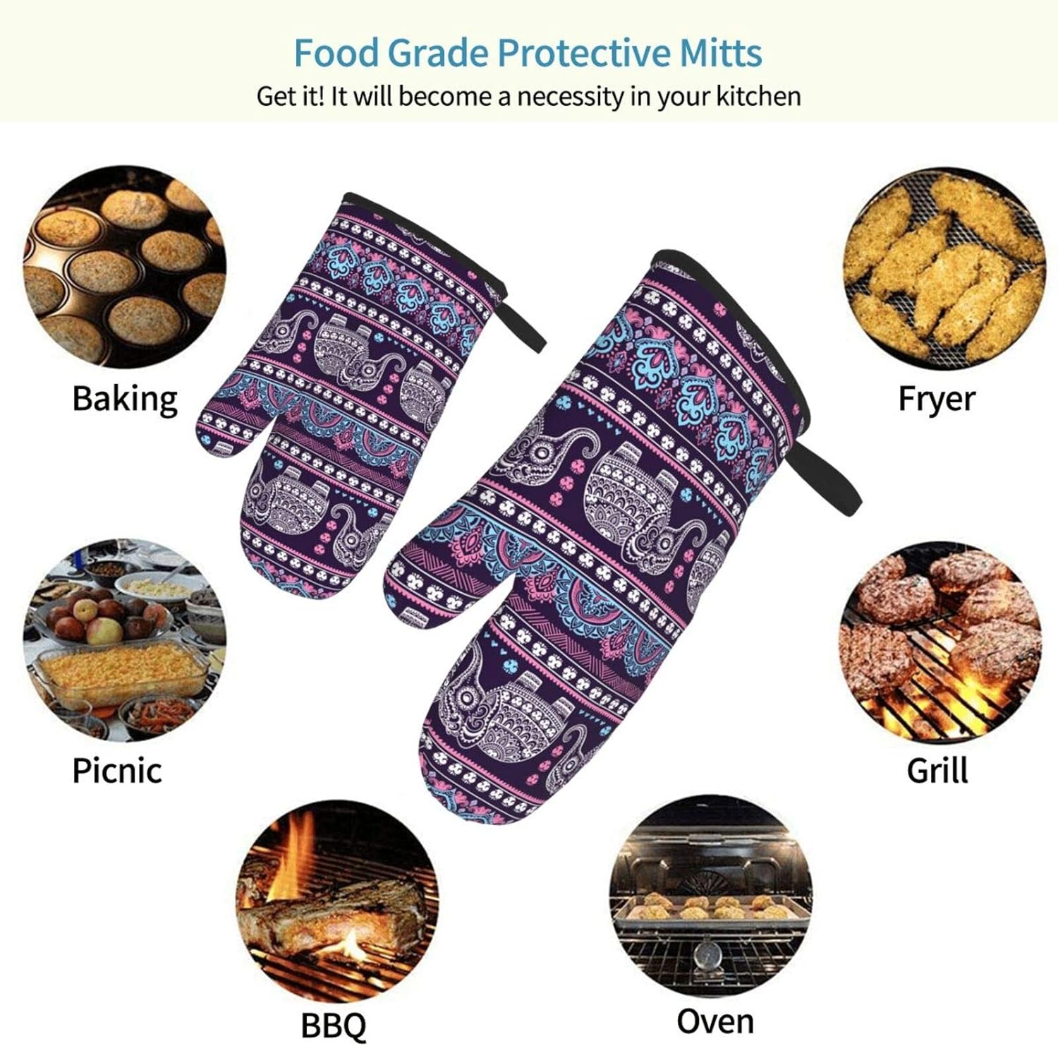 Set Oven Mitts Tribal Ethnique Elephant Mandala Elephant Baking Glove For Cooking Bbq Four Gants Kitchen Gants Gants For