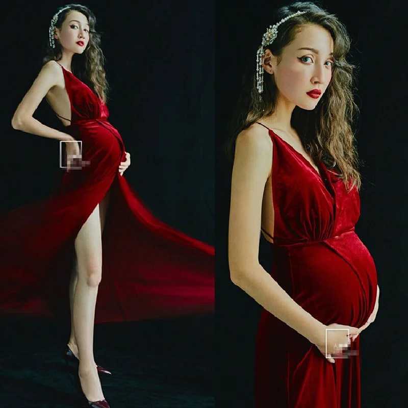 Maternity Dresses Sexy Elegant Pregnant Women Photography Props Red V-neck Suspender Backless Maternity Dress Pregnancy Split Dress Clothes 240412