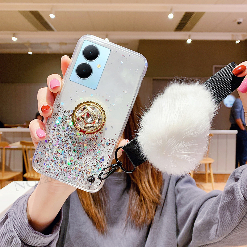 Phone Case for VIVO V29 Lite 5G Luxury Soft Tpu Cover with Rhinestone Holder and Hariball Strap