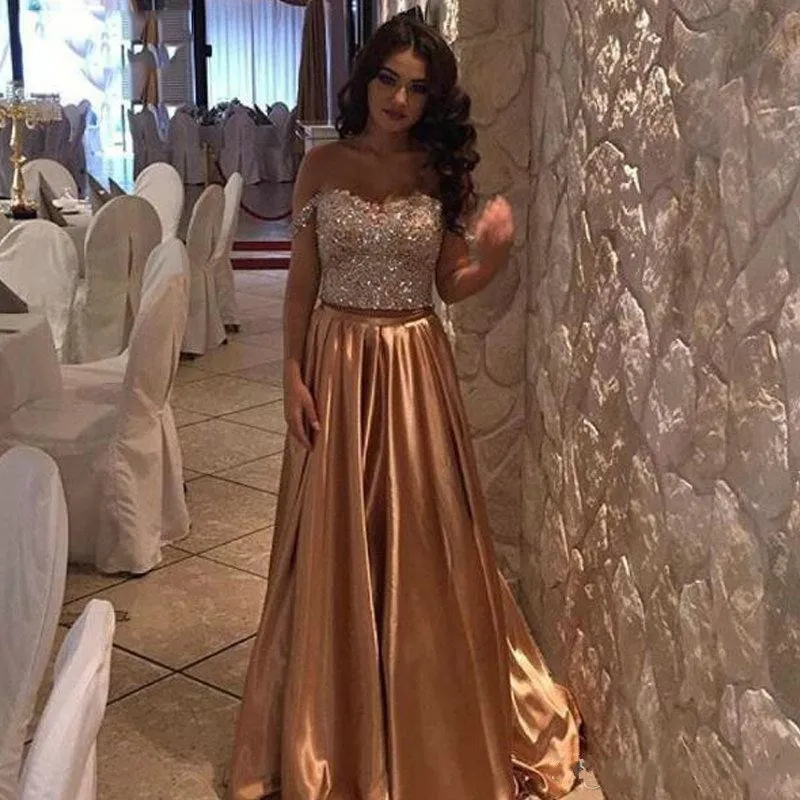 Gold Two Pieces Beads Crystal Prom Dresses Off The Shoulder Satin Long Plus Size Pageant Party Dress Evening Wear