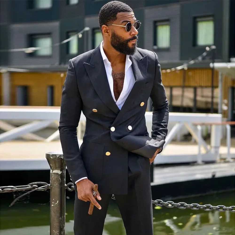 Men's Suits Blazers Fashion Black Men Suits Elegant Peak Lapel Double Breasted Formal Smart Casual Wedding Tuxedo Slim Fit Blazer with Pants