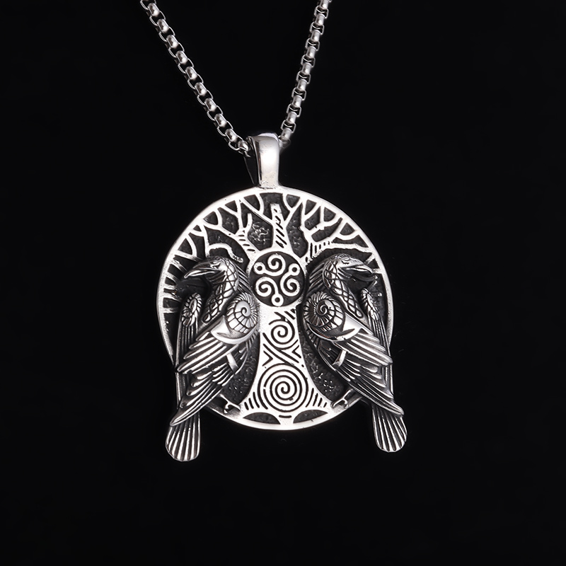 Vintage Nordic Raven Tree of Life Pendant Necklace Odin Huginn Muninn Necklace For Men Women Norwegian Amulet Jewelry Gift