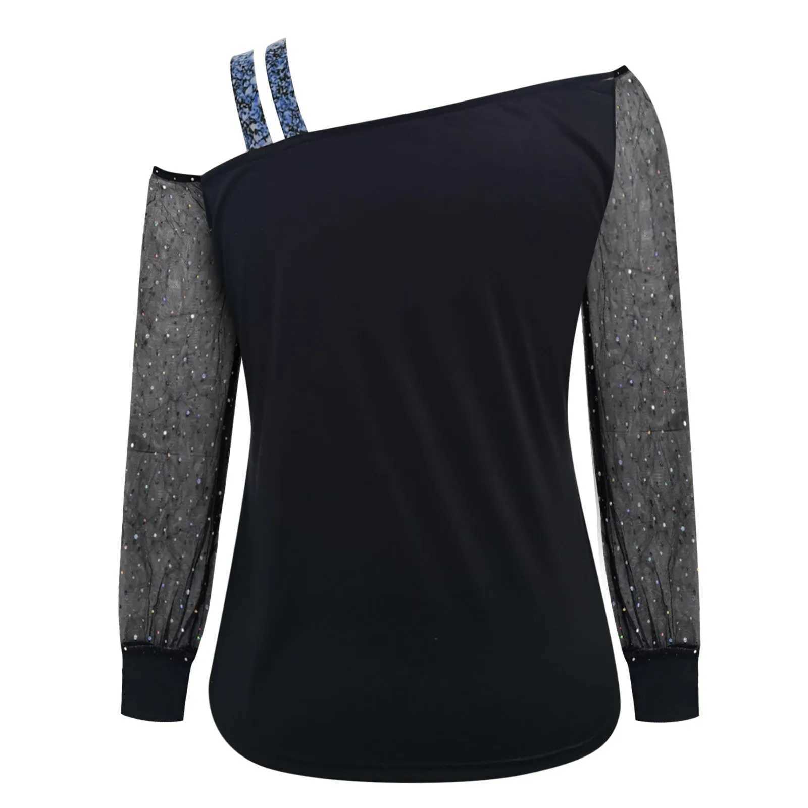 Chemises de chemisiers pour femmes chemisier à paillettes Fashion Mesh Shirt lâche sexy one épaule Collier Collier Blouse décontractée Femme Femme Long Manche Blusas Pullover 240411