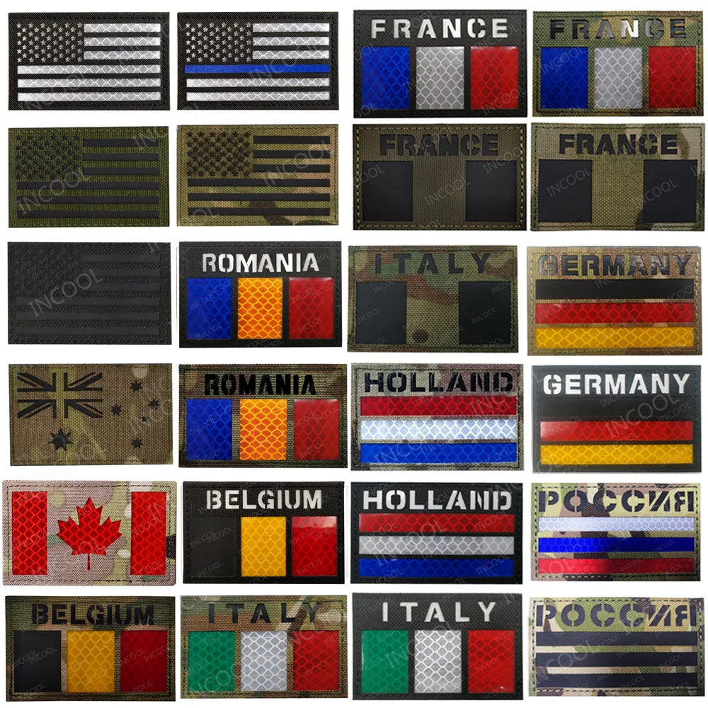 IR Infrared Spain French Germany Italy Russian UK Netherlands Flag Patches Tactical Army Military Reflective Flags Badges