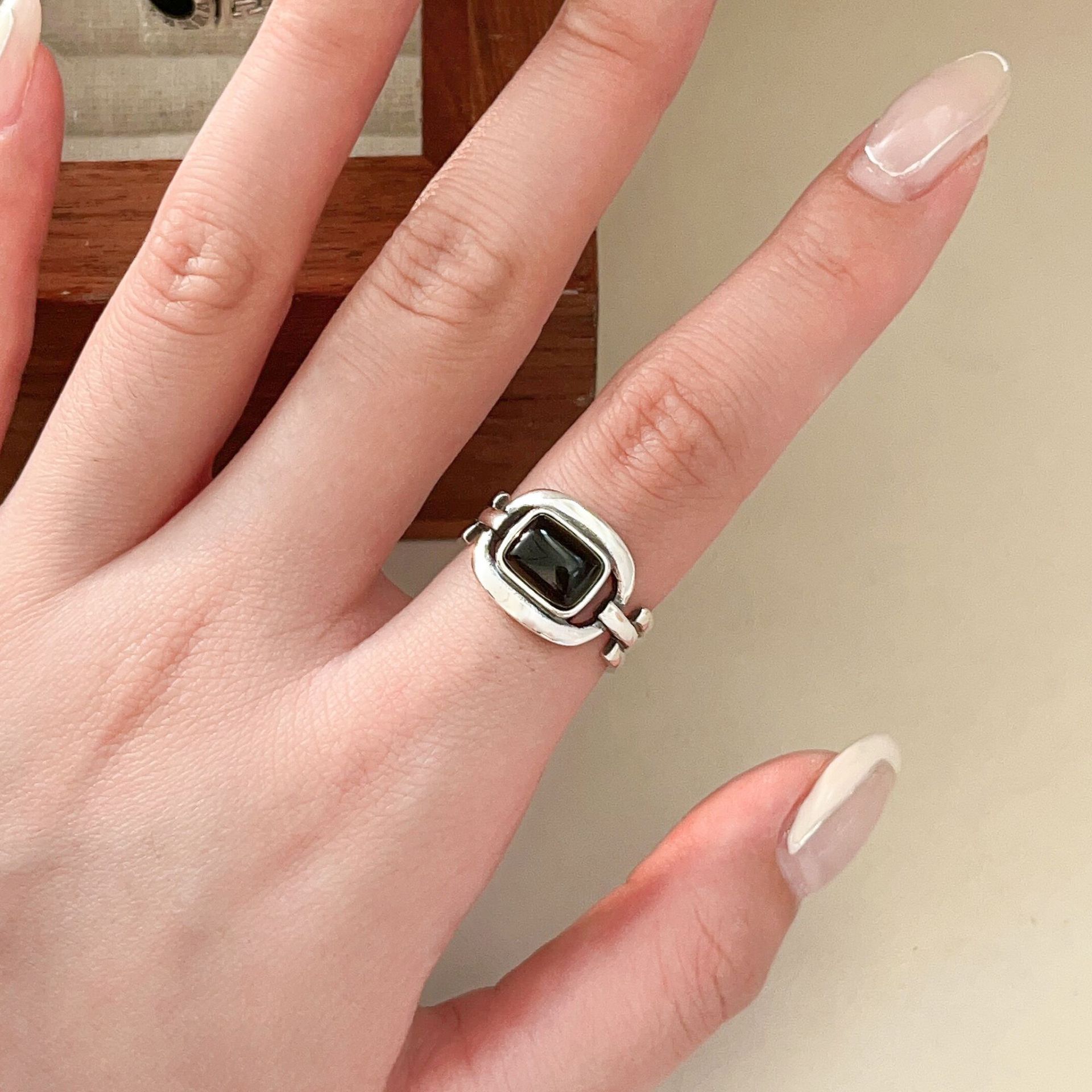 Gothic Black Onyx Open Ring 925 STERLING Silver Punk Vintage Retro Watch Bands Agate Ring Ring Ring Gifts For Women Men