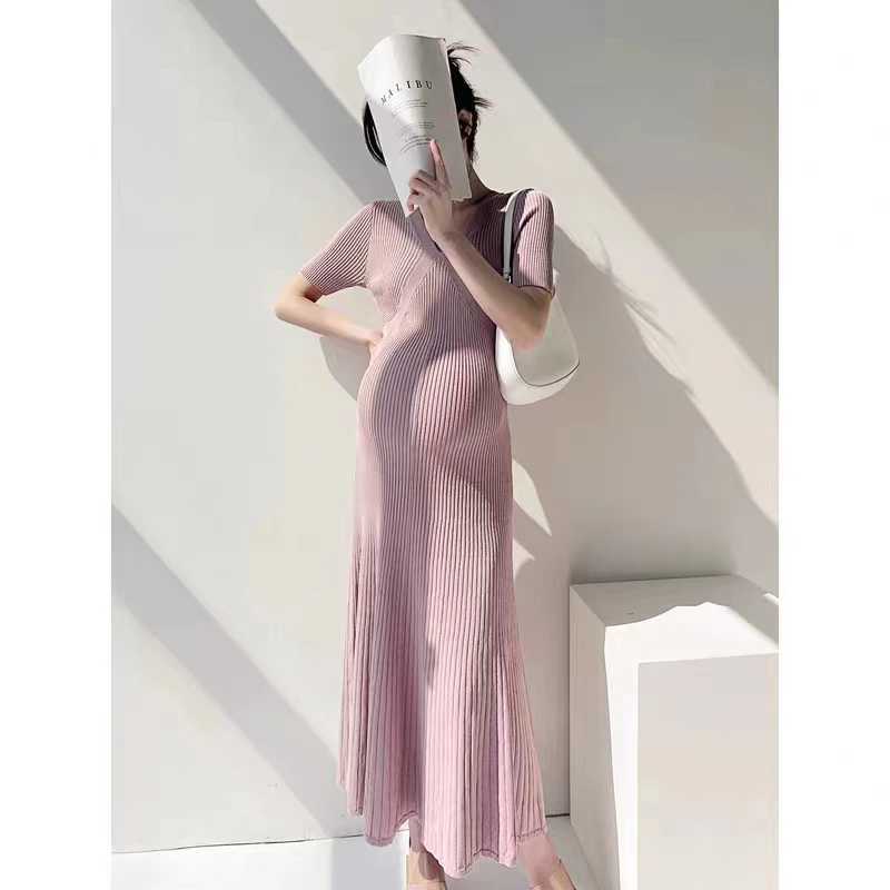 Maternity Dresses Korean Style Maternity Knitted Dress Solid Color Short Sleeve V-Neck High Waist Pregnant Woman Stretched Dresses Pregnancy Dress 24412