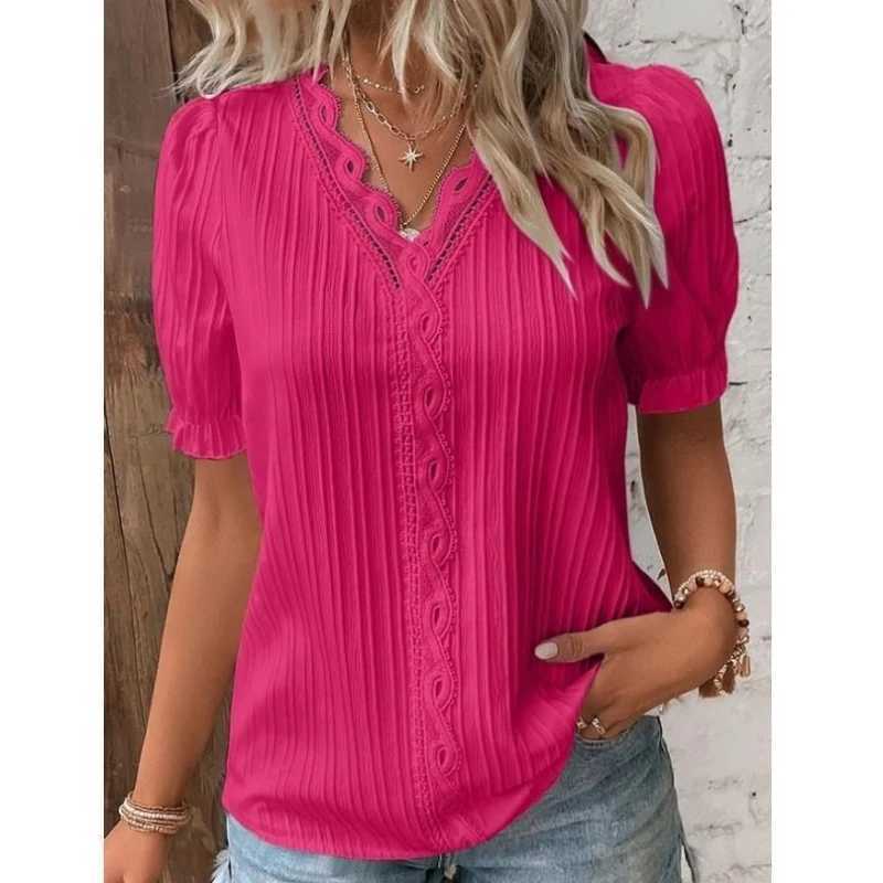 Bloups feminina camisas de blusa elegante e elegante camisa sólida renda 2023 Summer moda Hollow Hollover de manga curta Top Office Lady Shirt S-5xl 240411