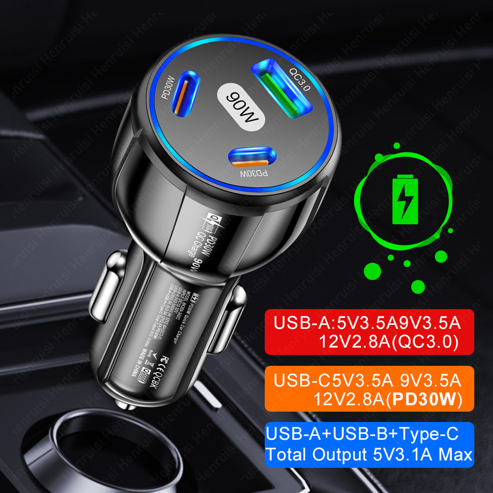 3 portas carregador de carro USB tipo C 90W Adaptador de telefone de carregamento rápido no carro USB Charger 3.0 para iPhone Huawei xiaomi 13 Samsung