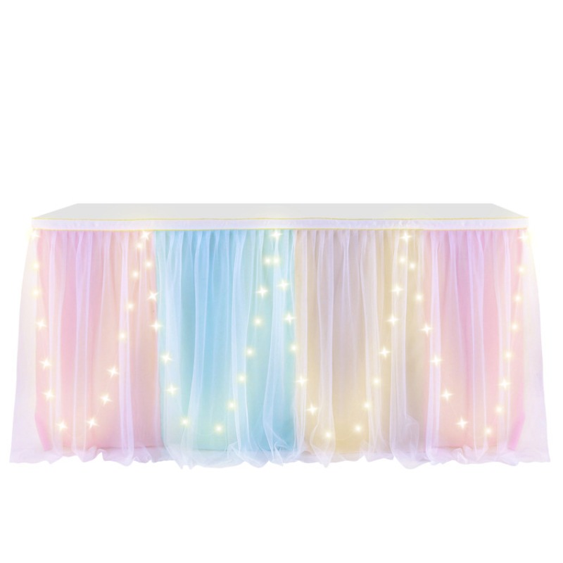 6ft Tischrock mit LED ohne Batterielicht Hochzeitsfeier Tutu Tüll Tischdecke Babyparty Einhorn Geburtstagsfeier Tischdecke