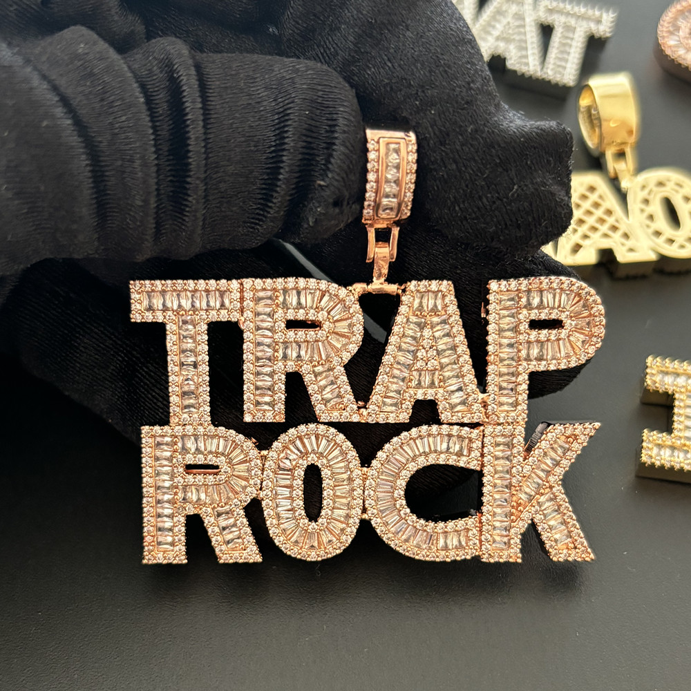 HipHop Custom Name Baguette Letters Pendant Necklace With Free Rope Chain Gold Silver Rosegold Bling Zirconia Men Pendant Jewelry