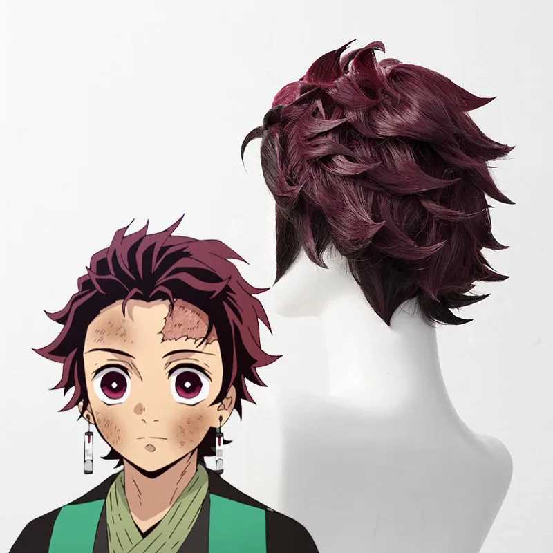 Anime Costumes Anime Tanjiro Kamado Cosplay Wig Short Chestnut Brown Heat Resistant Hair Cosplay Wigs + Ear-Rings 240411