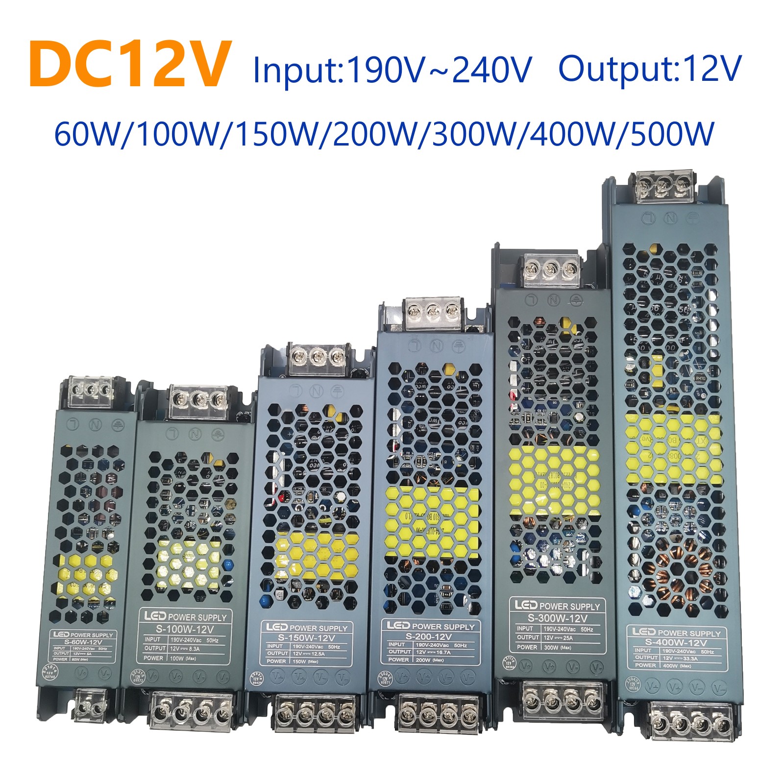 Ultra cienki zasilacz przełączania LED DC12V 24 V Transformatory oświetleniowe 150 W 200W 300W 400 W AC190-240V Kierunek dla pasków