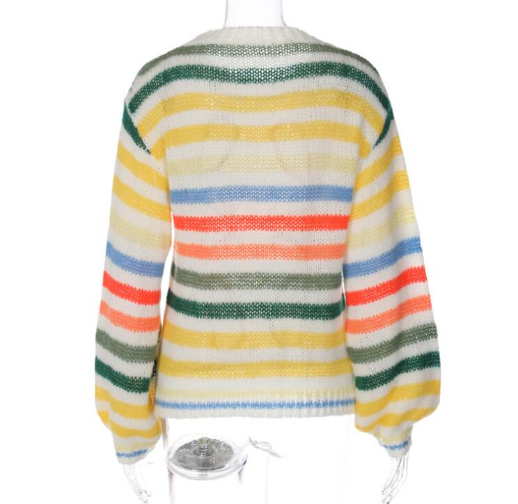 Regenbogen gestreifte Strickwaren Frauen lässig Langarm Pullover Lose Tops Frühling Herbst Strickpullover