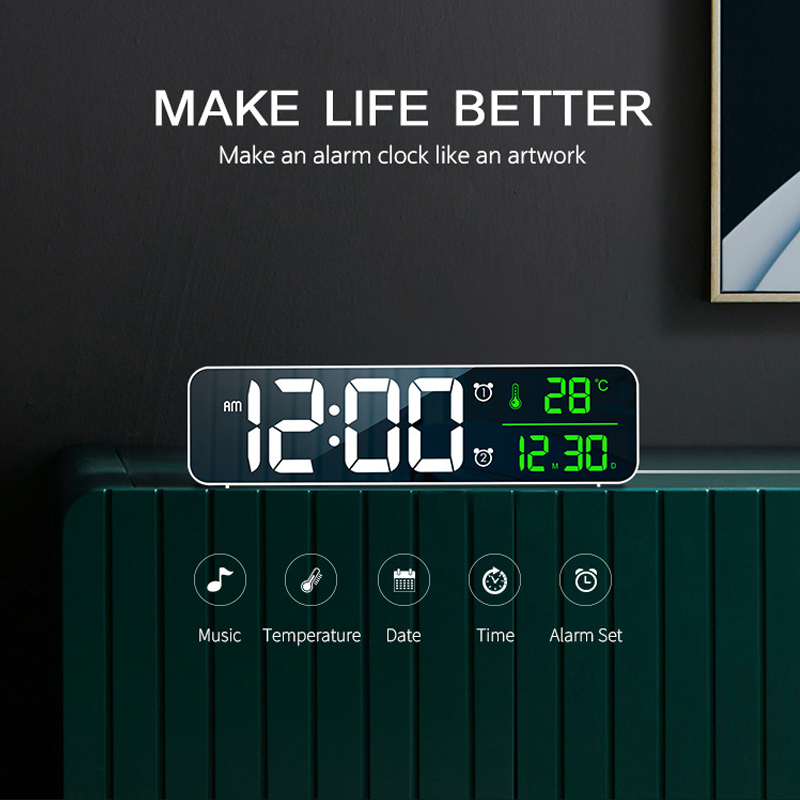 LED Digital Alarm Clock Temperatur Datum Display Plug-In Desk Table Wall Clocks Mirror Electronic Large Screen Clock Room Decor
