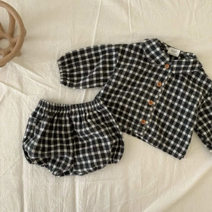 Shorts Câmara de menina de menina de menina colar de mangas compridas camisa de mangas compridas AllMatch Tops finos e shorts de pão de algodão solto Conjunto