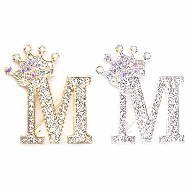 Luxury Crystal Brooch Crown Alphabet A-Z Letter Lapel Pin Women Rhinestone Metal Glossy Collar Pin Scarf Clothes Decor Jewelry