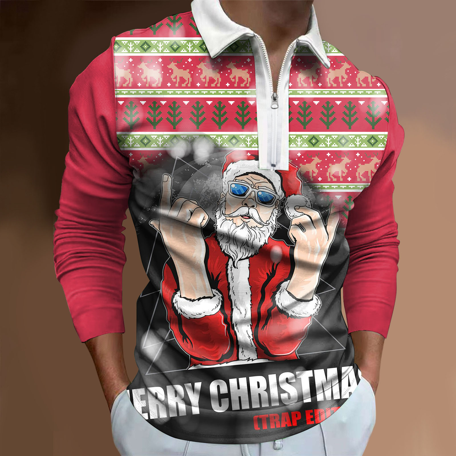クリスマスメンズ面白いサンタクロースカジュアルロングスリーブシャツ男性2023ハーフジップシャツ男性トップファミリーパーティー服