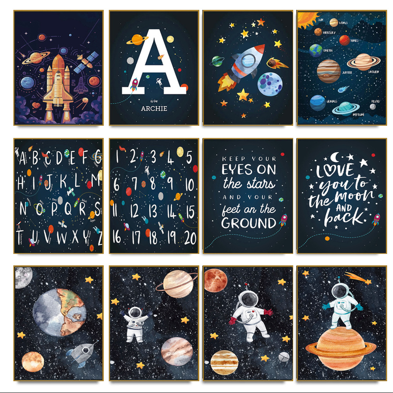 Numéro de résumé Alphabet Rocket Planet astronaute toile peinture nordique imprimés et affiche d'art mural pour le décor de salon