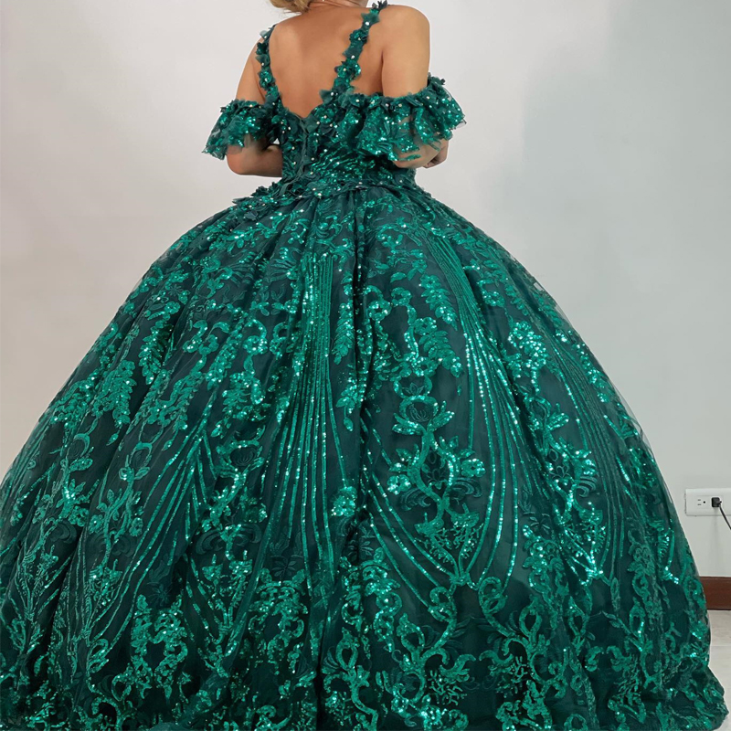 Emerald Green Shiny Quinceanera Dress Princess Lace Pärlor Crystal Corset Sweet 16 Girl Party Prom Gown Vestidos de 15 Anos