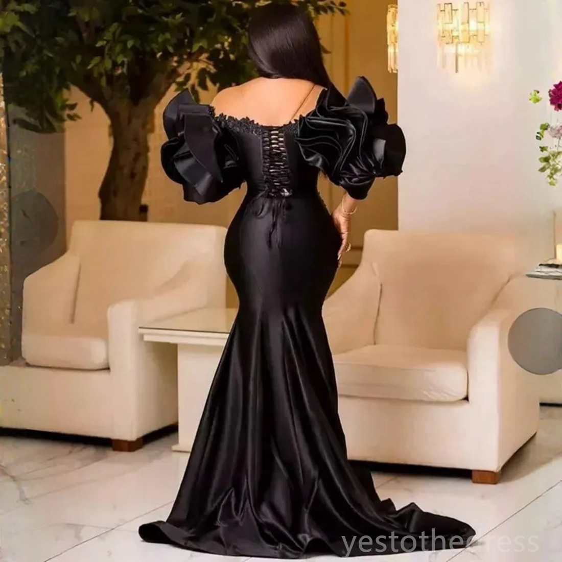 2024 Plus Size Prom Dresses for Black Women Promdress Sheer Neck Puffy Sleeves Mermaid Evening Dresses Elegant Birthday Party Gowns Reception Gown Vestido De AM702