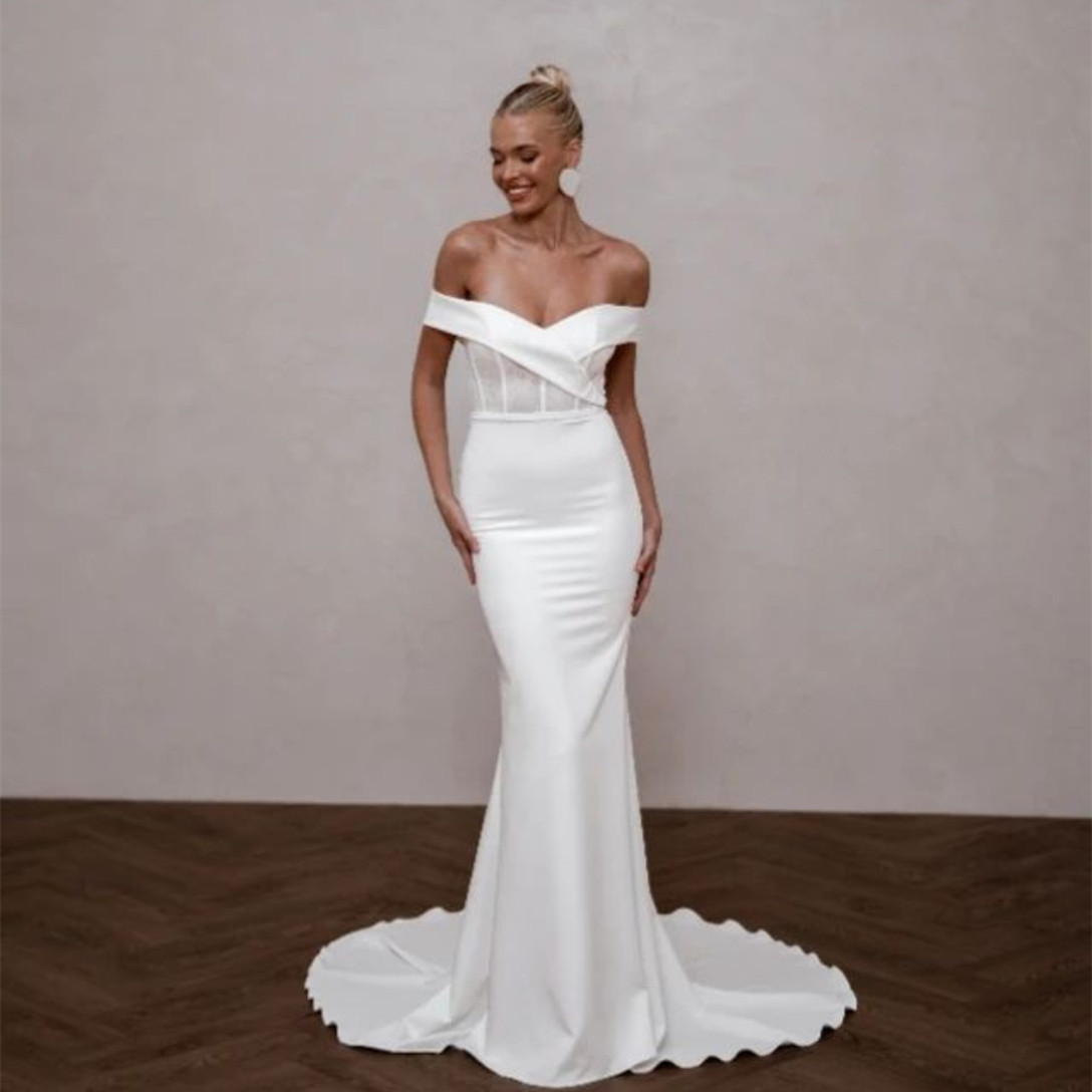 Vintage Long Mermaid Off Shoulder Wedding Jurken Trumpet Crepe Zipper Back Ivory Sweep Train Vestidos de Novia Abendkleid Bridal Jurk voor vrouwen